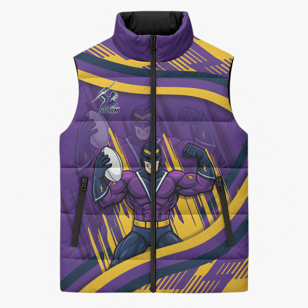 Melbourne Storm Rugby Mascot Sleeveless Puffer Jacket Fierce Athlete Graphic in Sports Style