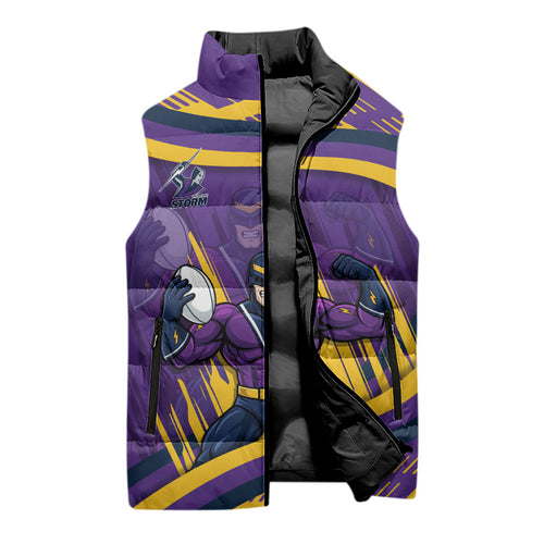 Melbourne Storm Rugby Mascot Sleeveless Puffer Jacket Fierce Athlete Graphic in Sports Style
