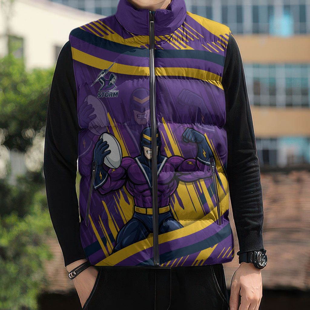 Melbourne Storm Rugby Mascot Sleeveless Puffer Jacket Fierce Athlete Graphic in Sports Style