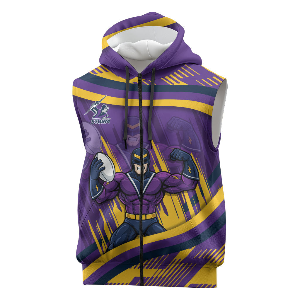 Melbourne Storm Rugby Mascot Sleeveless Zip Hoodie Fierce Athlete Graphic in Sports Style