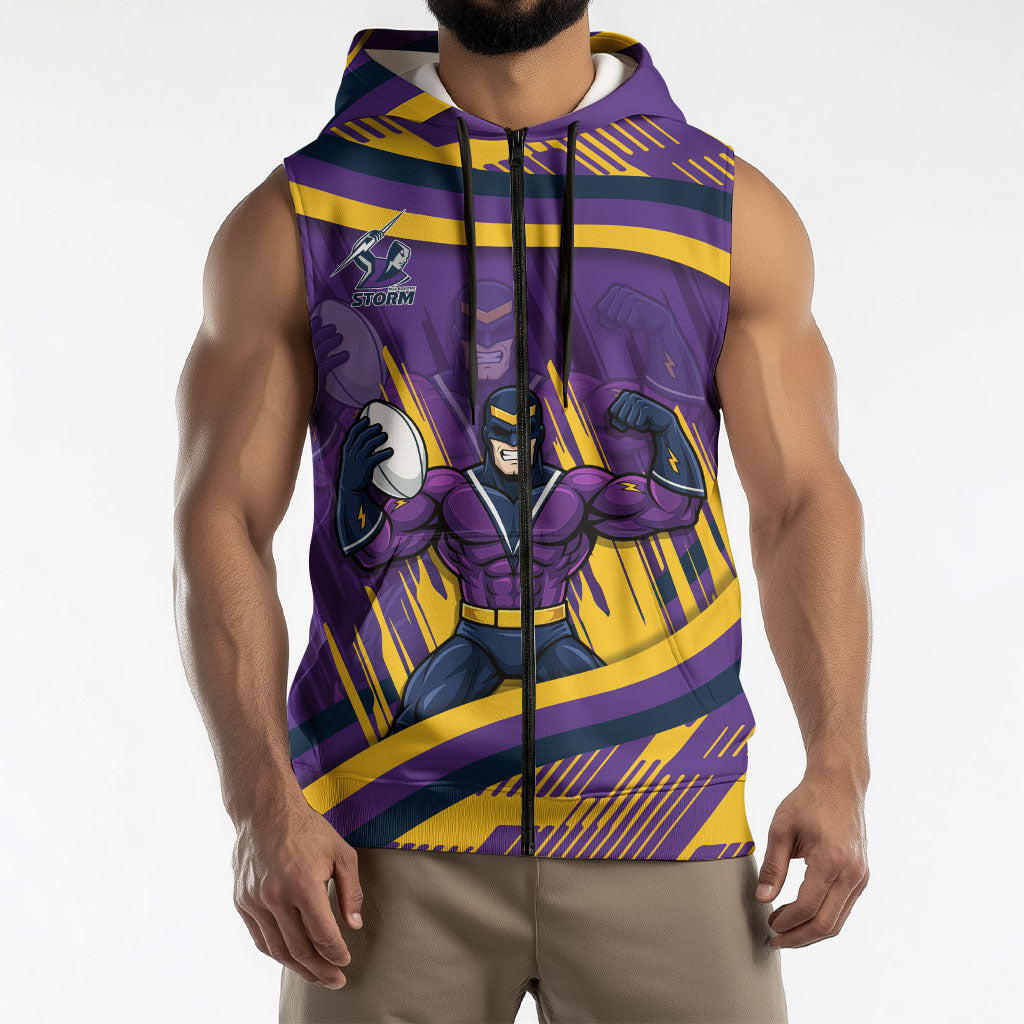 Melbourne Storm Rugby Mascot Sleeveless Zip Hoodie Fierce Athlete Graphic in Sports Style