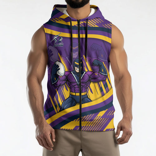 Melbourne Storm Rugby Mascot Sleeveless Zip Hoodie Fierce Athlete Graphic in Sports Style