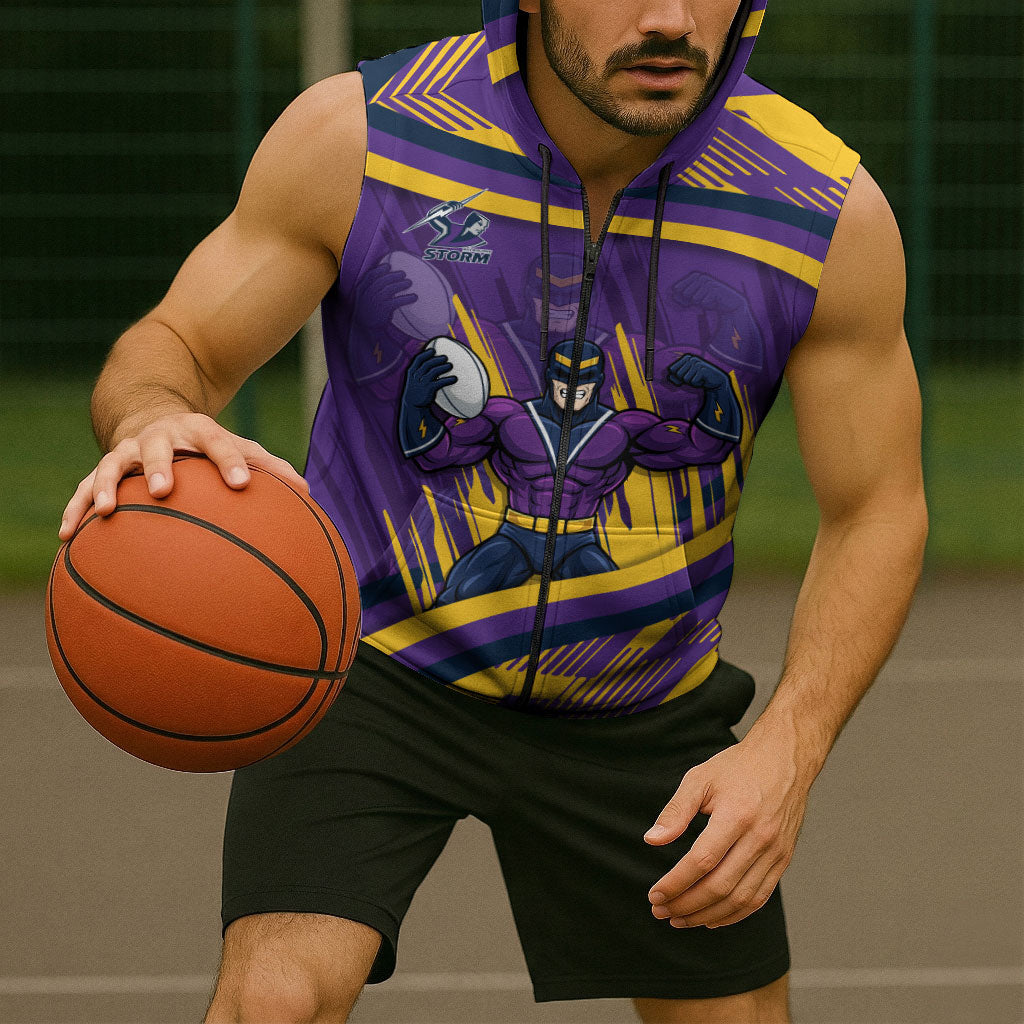 Melbourne Storm Rugby Mascot Sleeveless Zip Hoodie Fierce Athlete Graphic in Sports Style