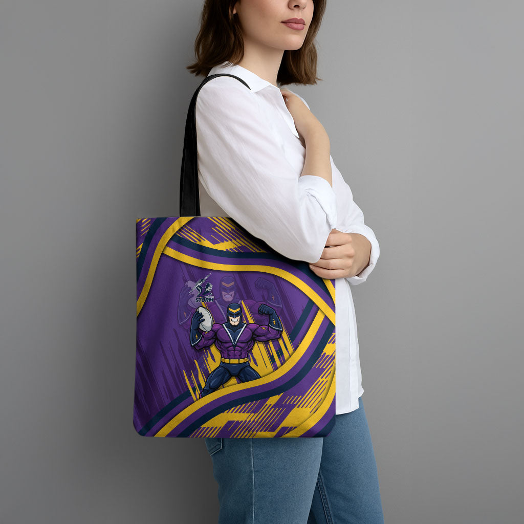 Melbourne Storm Rugby Mascot Tote Bag Fierce Athlete Graphic in Sports Style