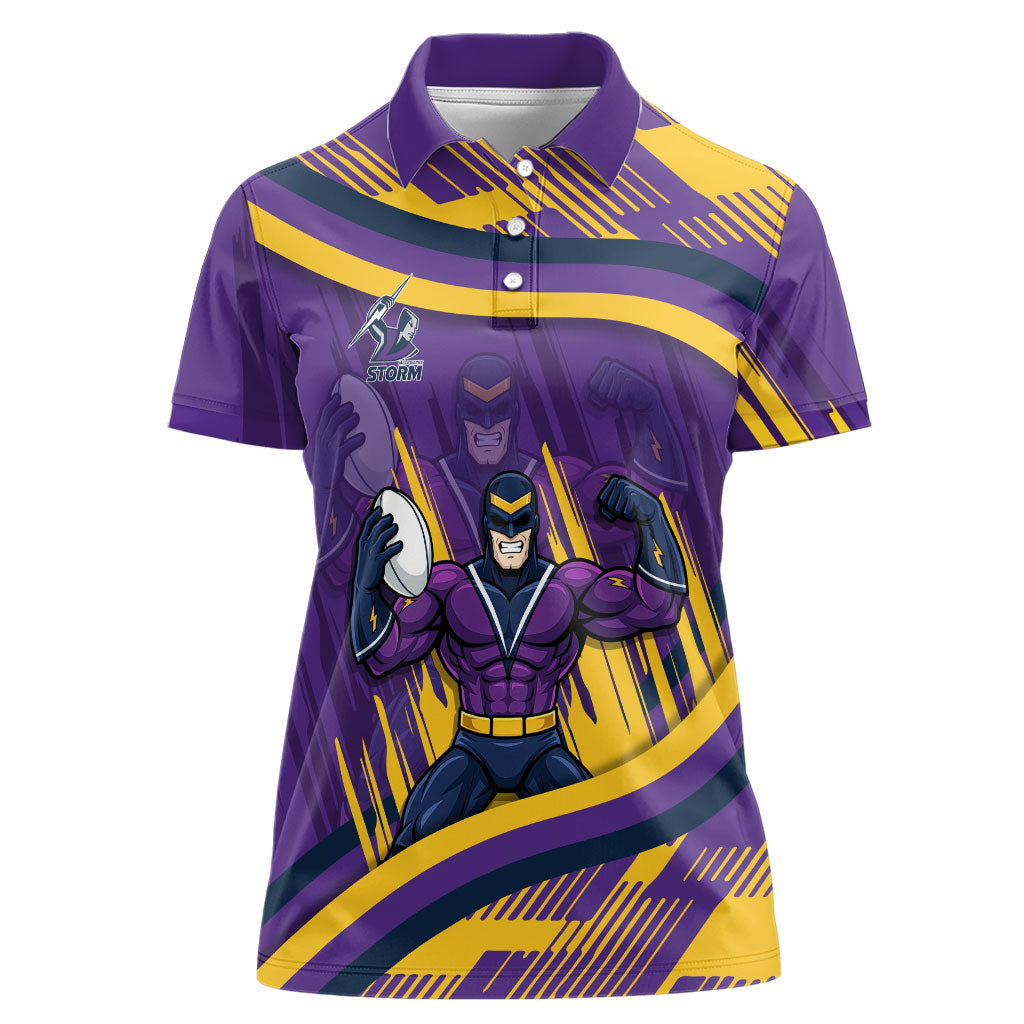 Melbourne Storm Rugby Mascot Women Polo Shirt Fierce Athlete Graphic in Sports Style