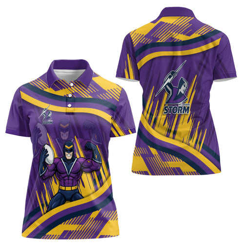 Melbourne Storm Rugby Mascot Women Polo Shirt Fierce Athlete Graphic in Sports Style