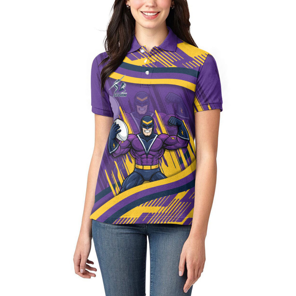 Melbourne Storm Rugby Mascot Women Polo Shirt Fierce Athlete Graphic in Sports Style