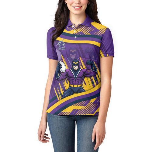 Melbourne Storm Rugby Mascot Women Polo Shirt Fierce Athlete Graphic in Sports Style