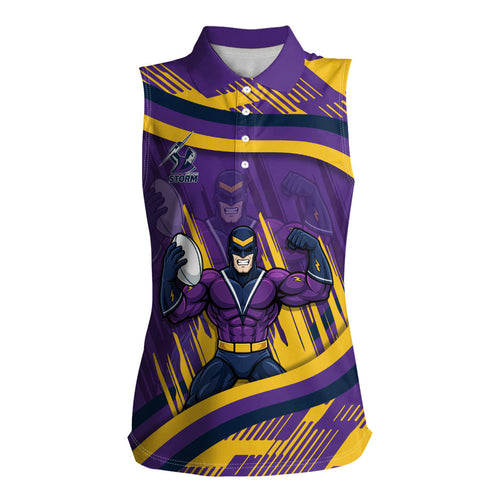 Melbourne Storm Rugby Mascot Women Sleeveless Polo Shirt Fierce Athlete Graphic in Sports Style