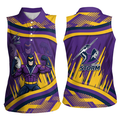 Melbourne Storm Rugby Mascot Women Sleeveless Polo Shirt Fierce Athlete Graphic in Sports Style