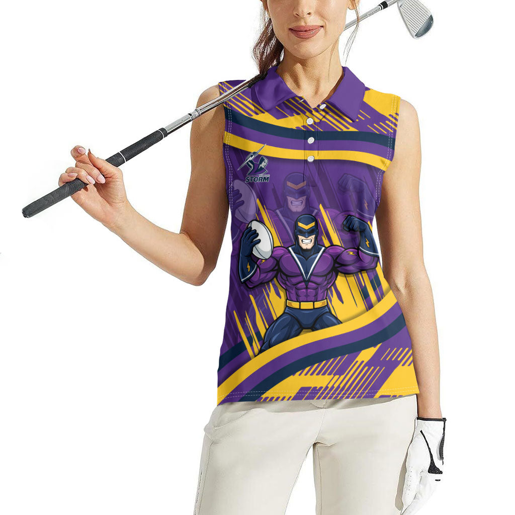 Melbourne Storm Rugby Mascot Women Sleeveless Polo Shirt Fierce Athlete Graphic in Sports Style