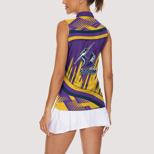 Melbourne Storm Rugby Mascot Women Sleeveless Polo Shirt Fierce Athlete Graphic in Sports Style