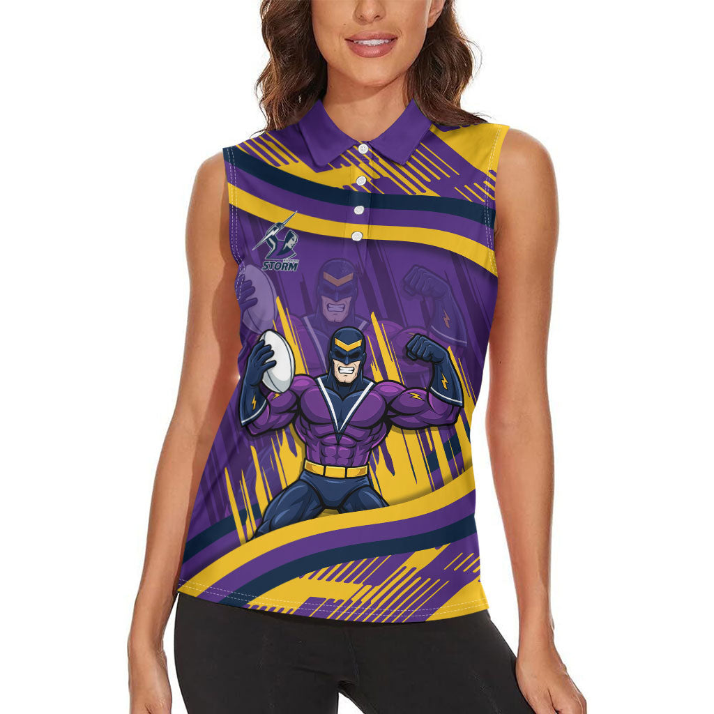 Melbourne Storm Rugby Mascot Women Sleeveless Polo Shirt Fierce Athlete Graphic in Sports Style