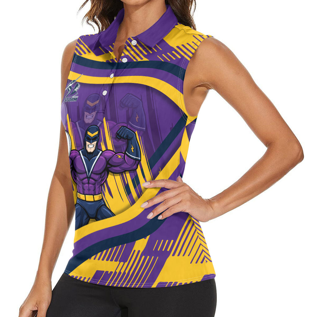 Melbourne Storm Rugby Mascot Women Sleeveless Polo Shirt Fierce Athlete Graphic in Sports Style