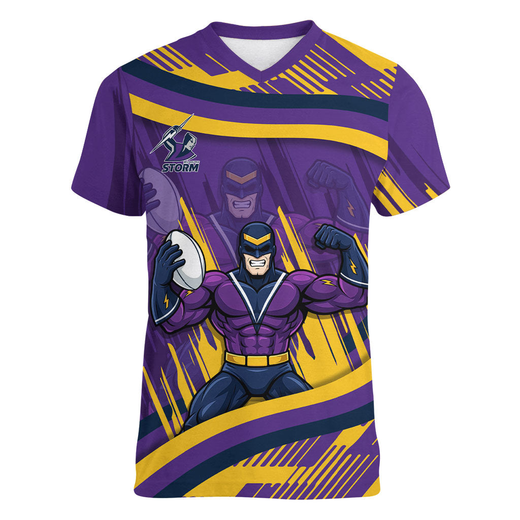 Melbourne Storm Rugby Mascot Women V-Neck T-Shirt Fierce Athlete Graphic in Sports Style