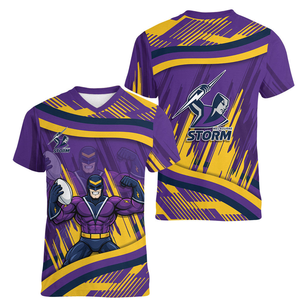 Melbourne Storm Rugby Mascot Women V-Neck T-Shirt Fierce Athlete Graphic in Sports Style