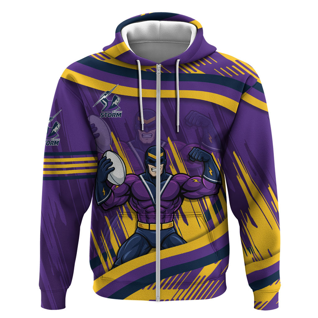 Melbourne Storm Rugby Mascot Zip Hoodie Fierce Athlete Graphic in Sports Style
