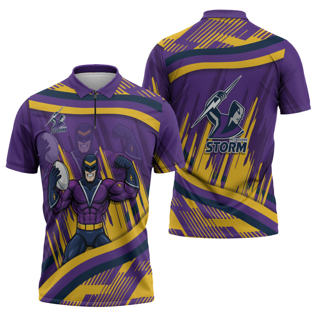 Melbourne Storm Rugby Mascot Zipper Polo Shirt Fierce Athlete Graphic in Sports Style