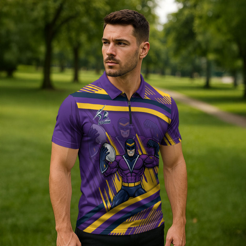Melbourne Storm Rugby Mascot Zipper Polo Shirt Fierce Athlete Graphic in Sports Style