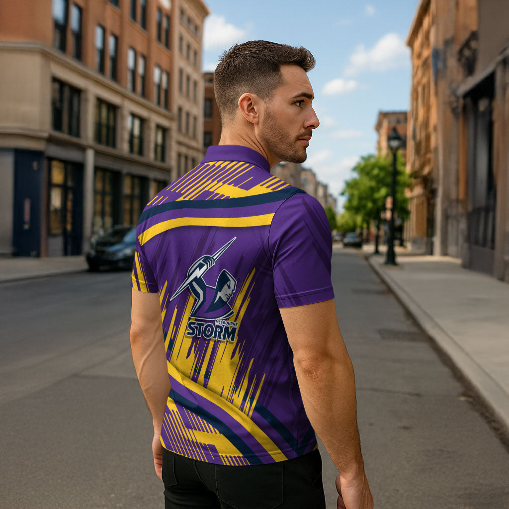 Melbourne Storm Rugby Mascot Zipper Polo Shirt Fierce Athlete Graphic in Sports Style
