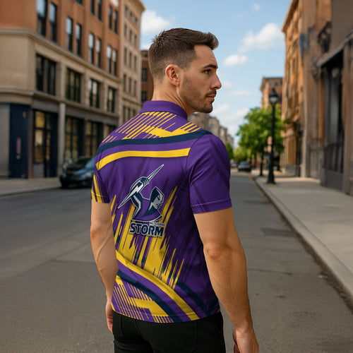 Melbourne Storm Rugby Mascot Zipper Polo Shirt Fierce Athlete Graphic in Sports Style