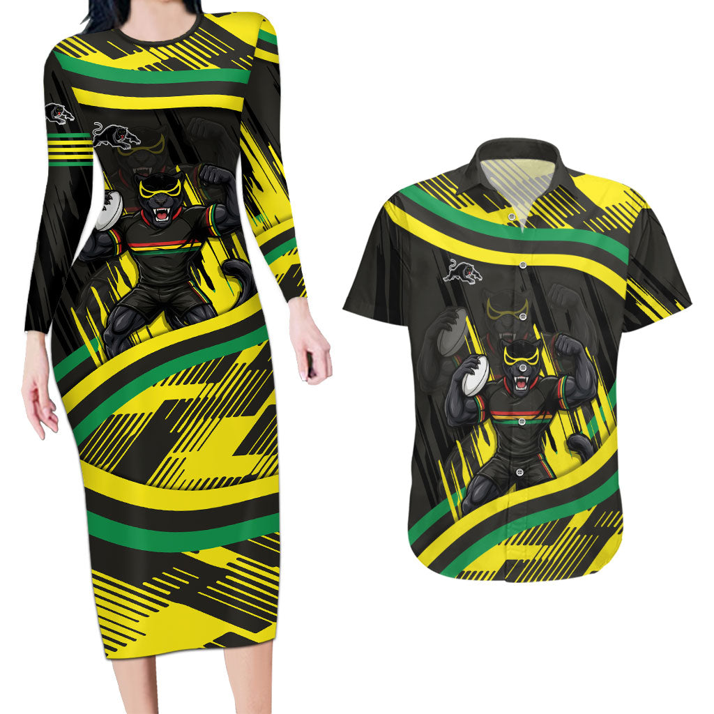 Panthers Rugby Mascot Couples Matching Long Sleeve Bodycon Dress and Hawaiian Shirt Fierce Athlete Graphic in Sports Style