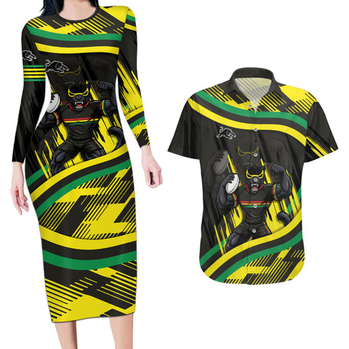 Panthers Rugby Mascot Couples Matching Long Sleeve Bodycon Dress and Hawaiian Shirt Fierce Athlete Graphic in Sports Style