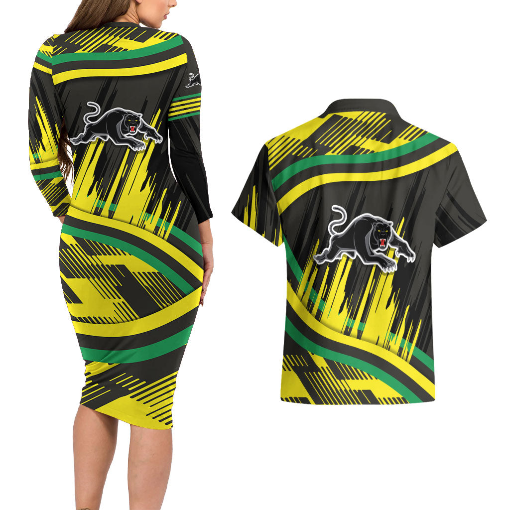 Panthers Rugby Mascot Couples Matching Long Sleeve Bodycon Dress and Hawaiian Shirt Fierce Athlete Graphic in Sports Style