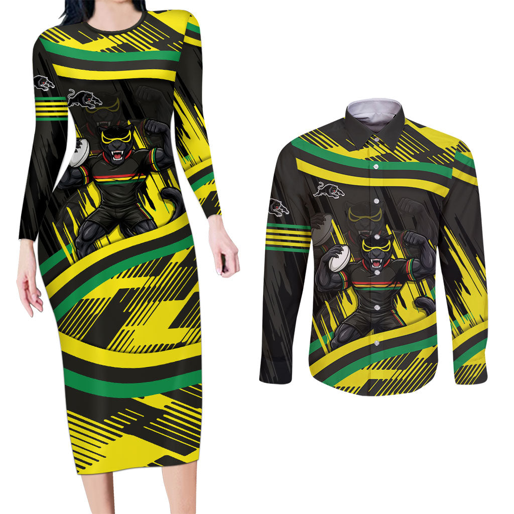 Panthers Rugby Mascot Couples Matching Long Sleeve Bodycon Dress and Long Sleeve Button Shirt Fierce Athlete Graphic in Sports Style