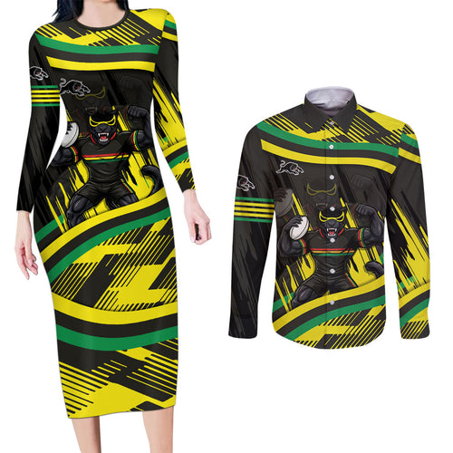 Panthers Rugby Mascot Couples Matching Long Sleeve Bodycon Dress and Long Sleeve Button Shirt Fierce Athlete Graphic in Sports Style
