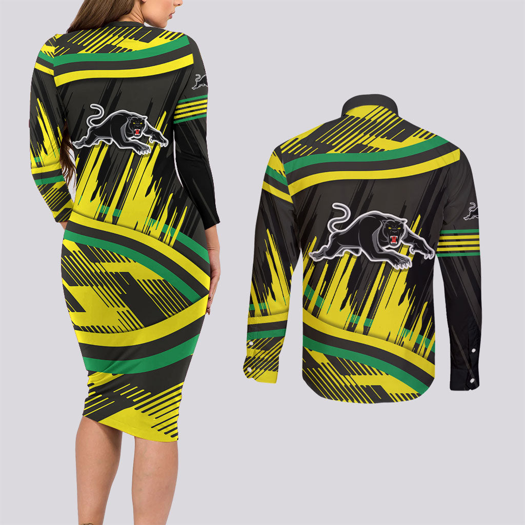 Panthers Rugby Mascot Couples Matching Long Sleeve Bodycon Dress and Long Sleeve Button Shirt Fierce Athlete Graphic in Sports Style