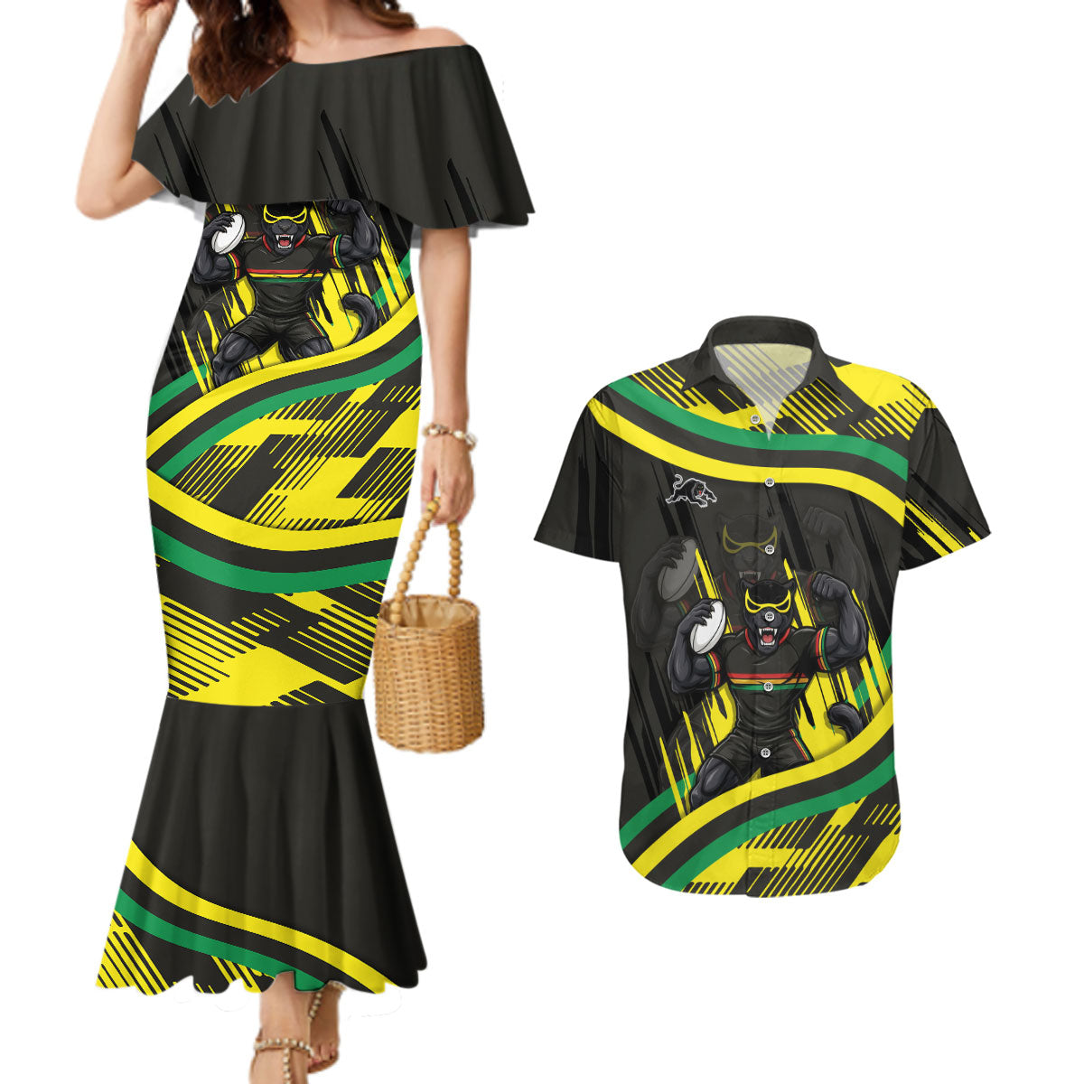 Panthers Rugby Mascot Couples Matching Mermaid Dress and Hawaiian Shirt Fierce Athlete Graphic in Sports Style