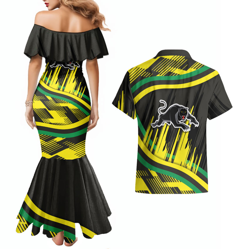 Panthers Rugby Mascot Couples Matching Mermaid Dress and Hawaiian Shirt Fierce Athlete Graphic in Sports Style