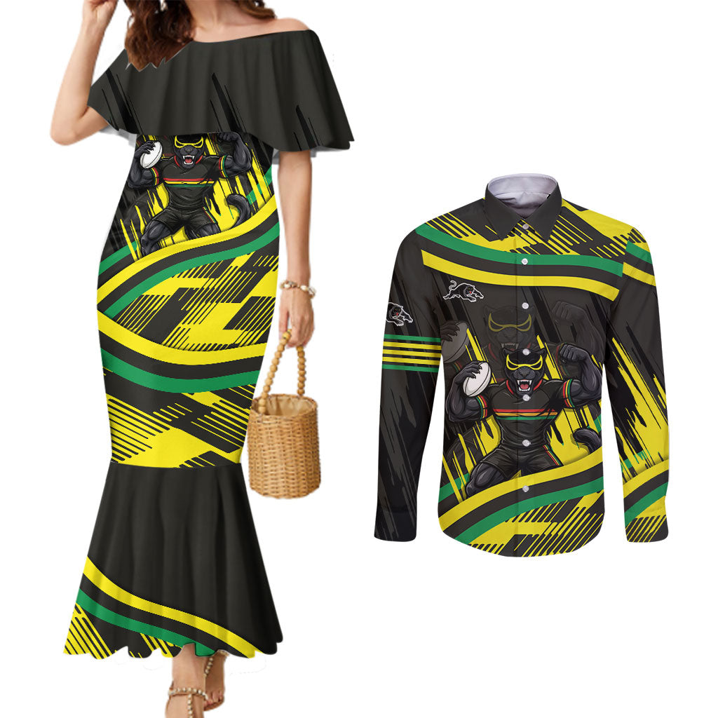 Panthers Rugby Mascot Couples Matching Mermaid Dress and Long Sleeve Button Shirt Fierce Athlete Graphic in Sports Style