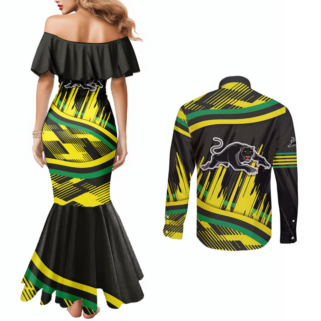 Panthers Rugby Mascot Couples Matching Mermaid Dress and Long Sleeve Button Shirt Fierce Athlete Graphic in Sports Style