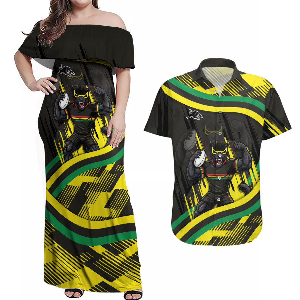 Panthers Rugby Mascot Couples Matching Off Shoulder Maxi Dress and Hawaiian Shirt Fierce Athlete Graphic in Sports Style