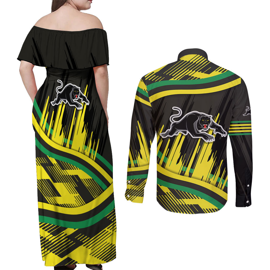 Panthers Rugby Mascot Couples Matching Off Shoulder Maxi Dress and Long Sleeve Button Shirt Fierce Athlete Graphic in Sports Style