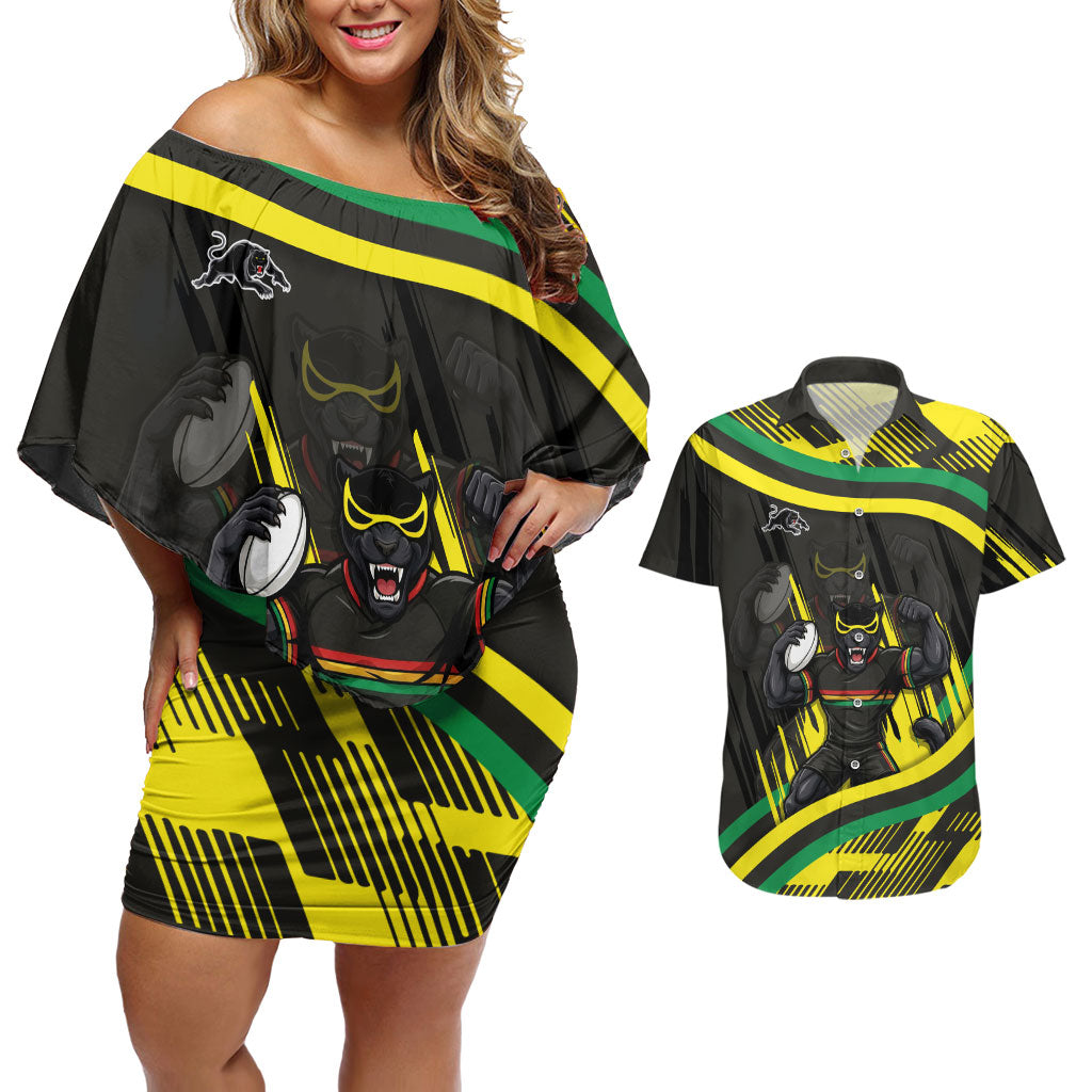 Panthers Rugby Mascot Couples Matching Off Shoulder Short Dress and Hawaiian Shirt Fierce Athlete Graphic in Sports Style