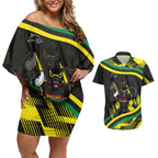 Panthers Rugby Mascot Couples Matching Off Shoulder Short Dress and Hawaiian Shirt Fierce Athlete Graphic in Sports Style
