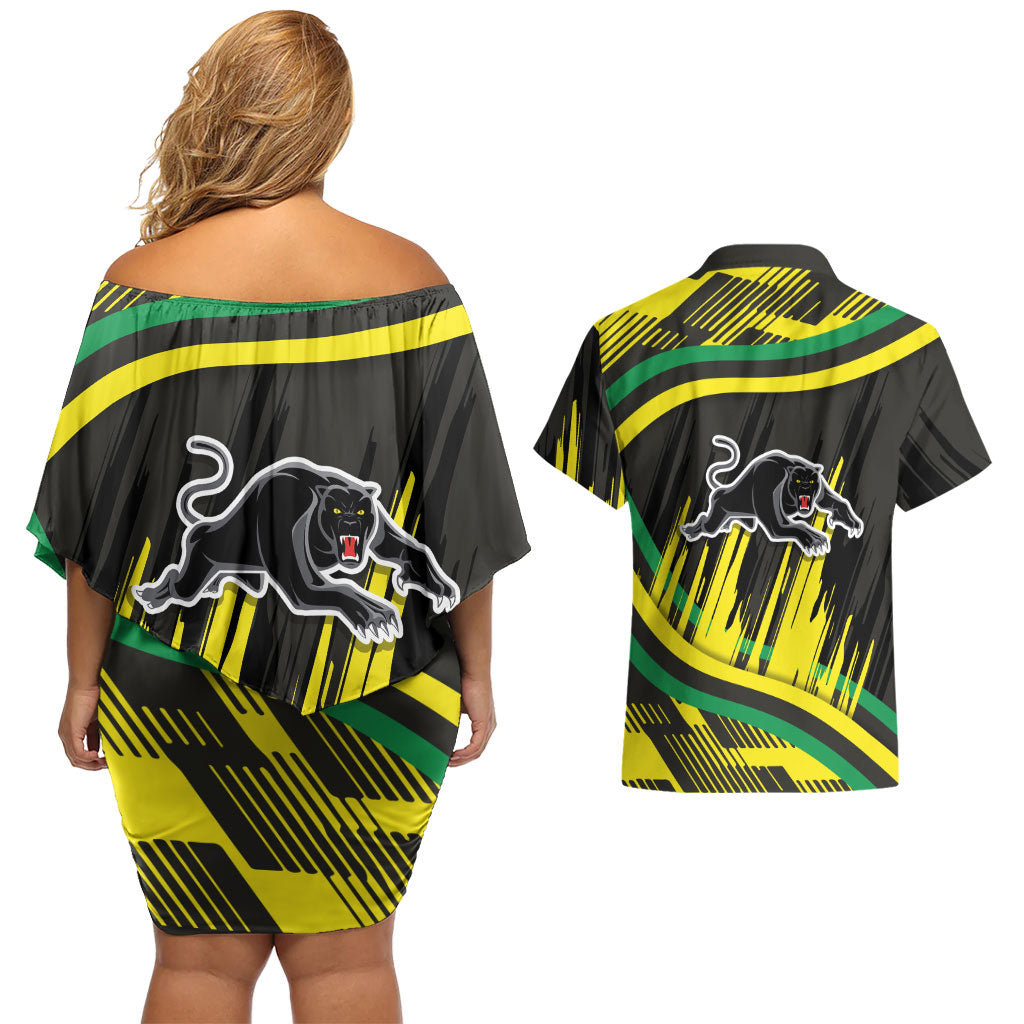 Panthers Rugby Mascot Couples Matching Off Shoulder Short Dress and Hawaiian Shirt Fierce Athlete Graphic in Sports Style