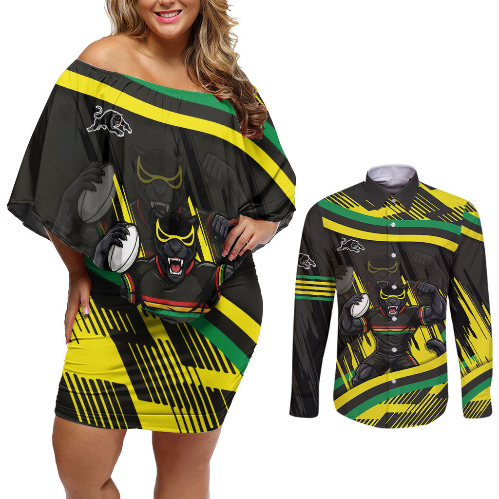 Panthers Rugby Mascot Couples Matching Off Shoulder Short Dress and Long Sleeve Button Shirt Fierce Athlete Graphic in Sports Style