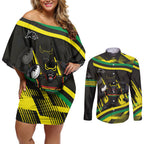 Panthers Rugby Mascot Couples Matching Off Shoulder Short Dress and Long Sleeve Button Shirt Fierce Athlete Graphic in Sports Style