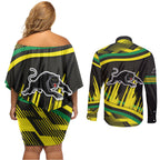 Panthers Rugby Mascot Couples Matching Off Shoulder Short Dress and Long Sleeve Button Shirt Fierce Athlete Graphic in Sports Style
