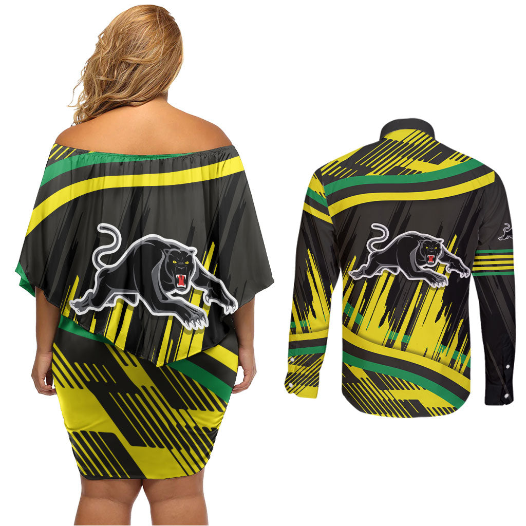 Panthers Rugby Mascot Couples Matching Off Shoulder Short Dress and Long Sleeve Button Shirt Fierce Athlete Graphic in Sports Style