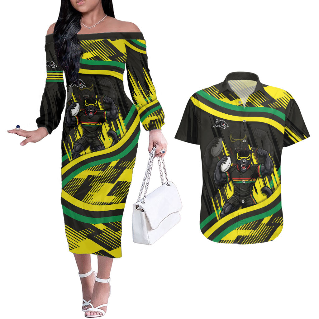 Panthers Rugby Mascot Couples Matching Off The Shoulder Long Sleeve Dress and Hawaiian Shirt Fierce Athlete Graphic in Sports Style