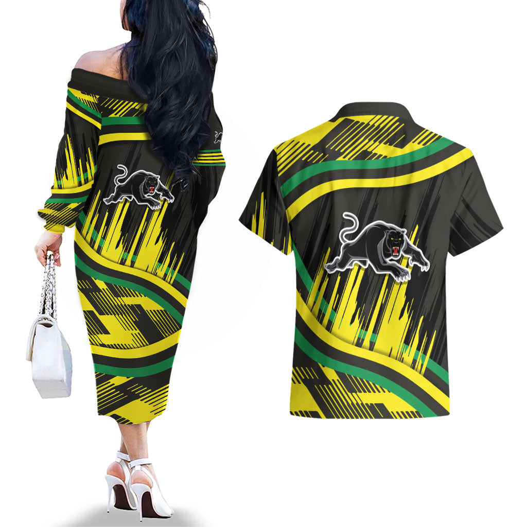 Panthers Rugby Mascot Couples Matching Off The Shoulder Long Sleeve Dress and Hawaiian Shirt Fierce Athlete Graphic in Sports Style