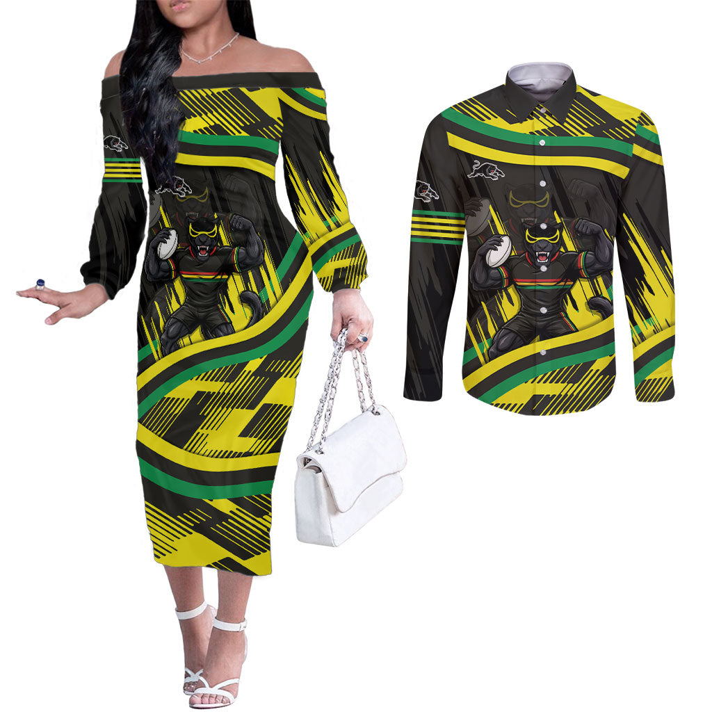 Panthers Rugby Mascot Couples Matching Off The Shoulder Long Sleeve Dress and Long Sleeve Button Shirt Fierce Athlete Graphic in Sports Style