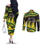 Panthers Rugby Mascot Couples Matching Off The Shoulder Long Sleeve Dress and Long Sleeve Button Shirt Fierce Athlete Graphic in Sports Style
