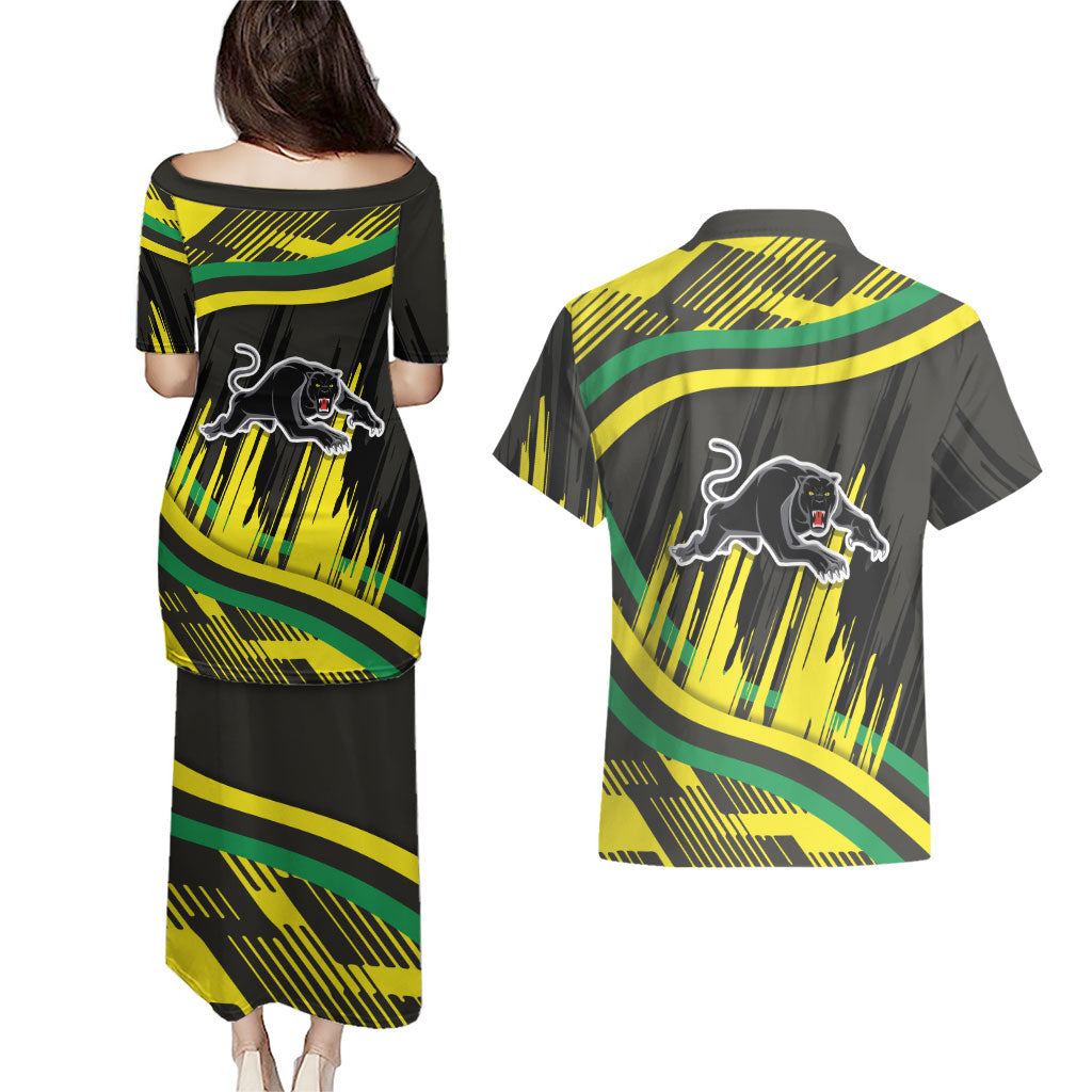 Panthers Rugby Mascot Couples Matching Puletasi and Hawaiian Shirt Fierce Athlete Graphic in Sports Style