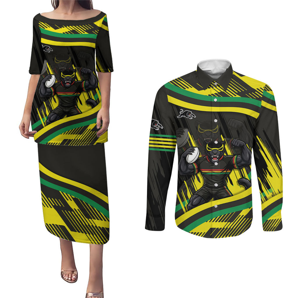Panthers Rugby Mascot Couples Matching Puletasi and Long Sleeve Button Shirt Fierce Athlete Graphic in Sports Style